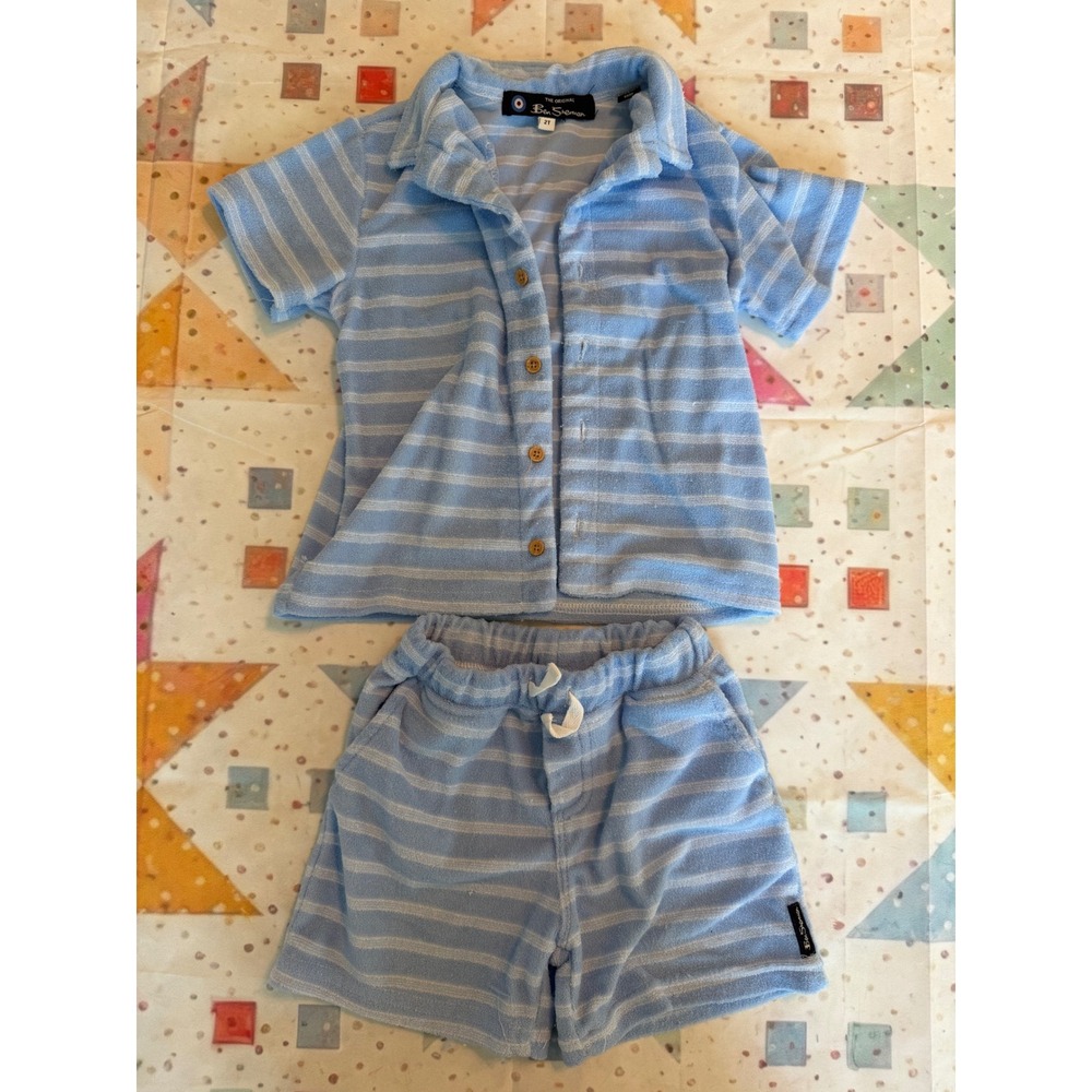 Ben Sherman Boys 2T Blue White Striped Terry Cloth Shirt and Shorts Set